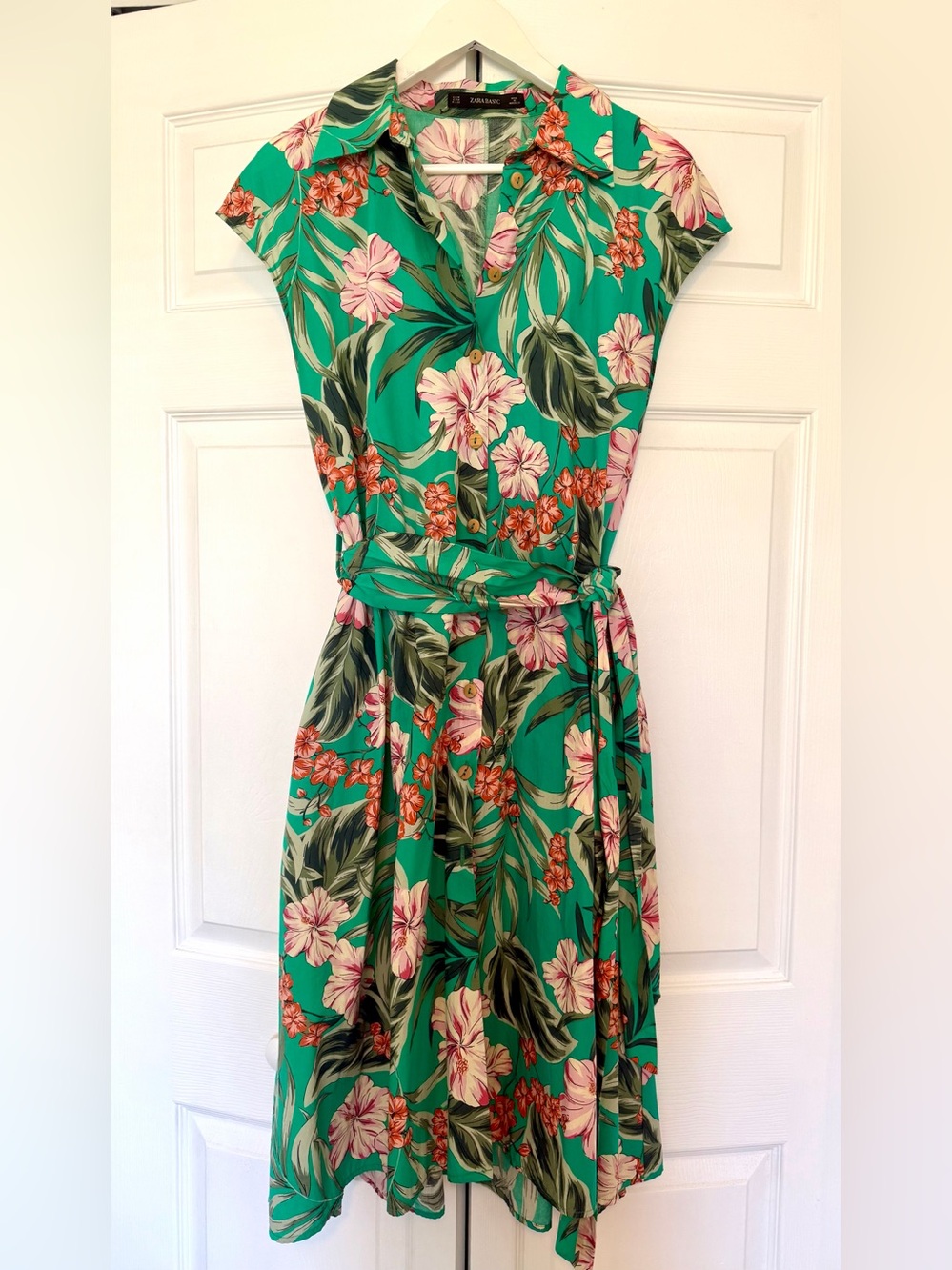 Zara Teal Green Floral Shirtdress with Tie Waist